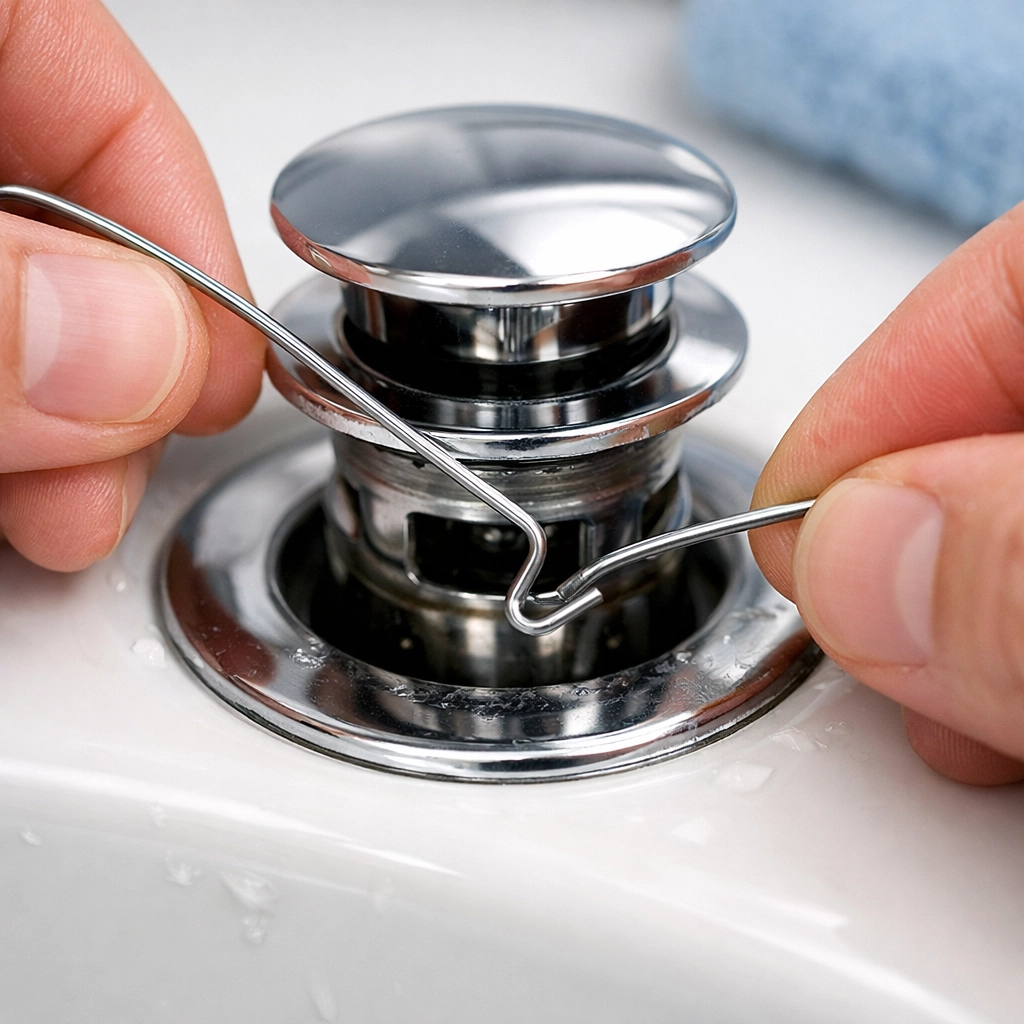 DIY plumbing hack using a wire hanger hook to fish hair out of a bathroom sink drain.