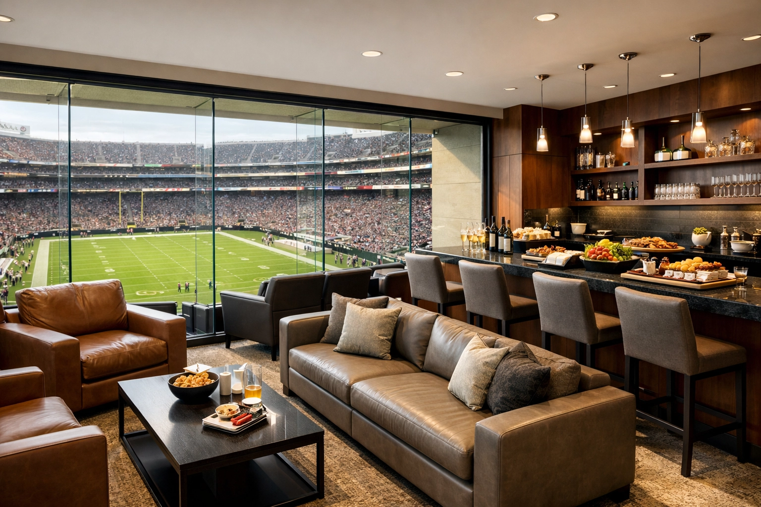 Luxury Super Bowl stadium suite with leather seating and view of the football field for executive hospitality.