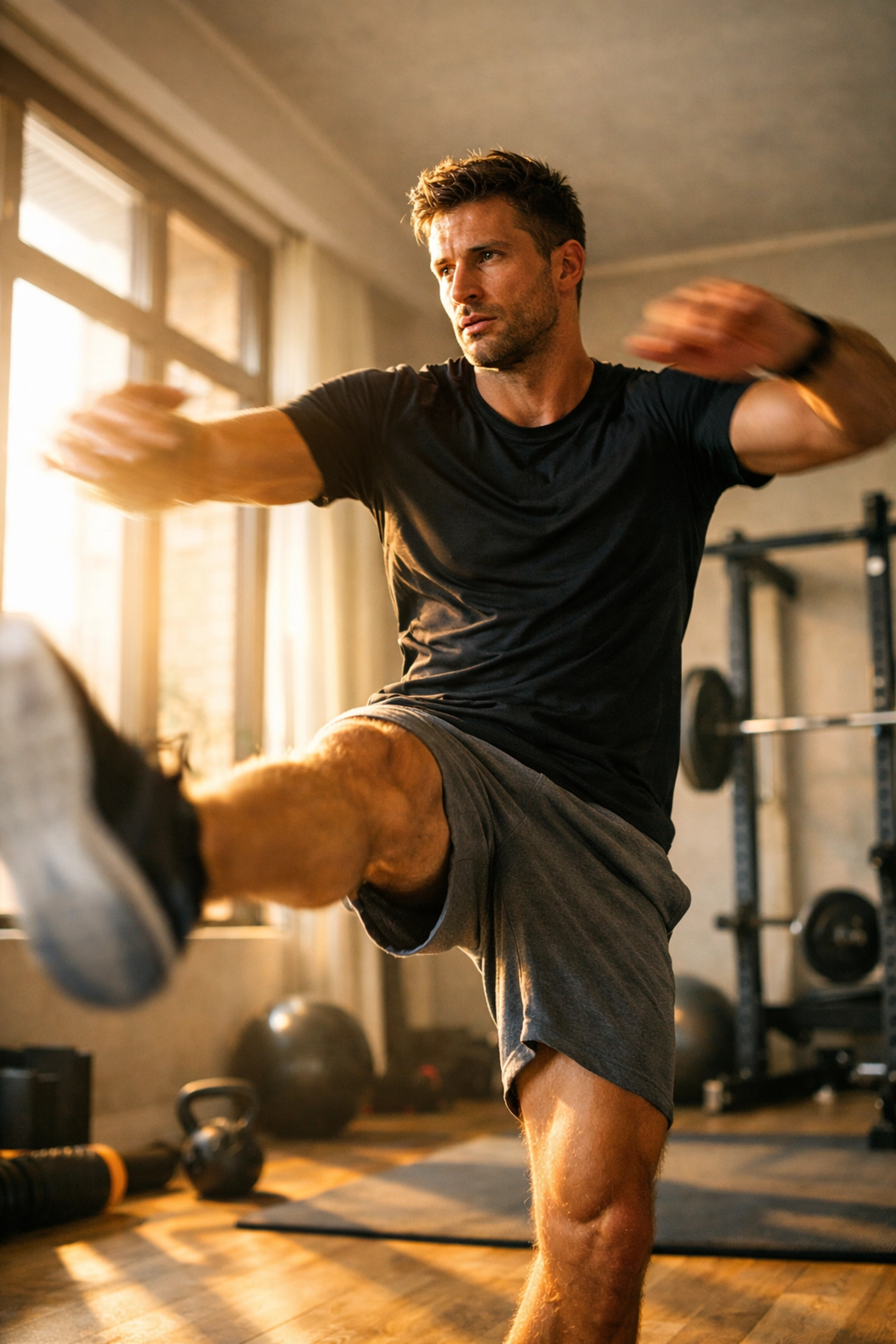 Athlete performing dynamic warm-up exercises for full body workout at home