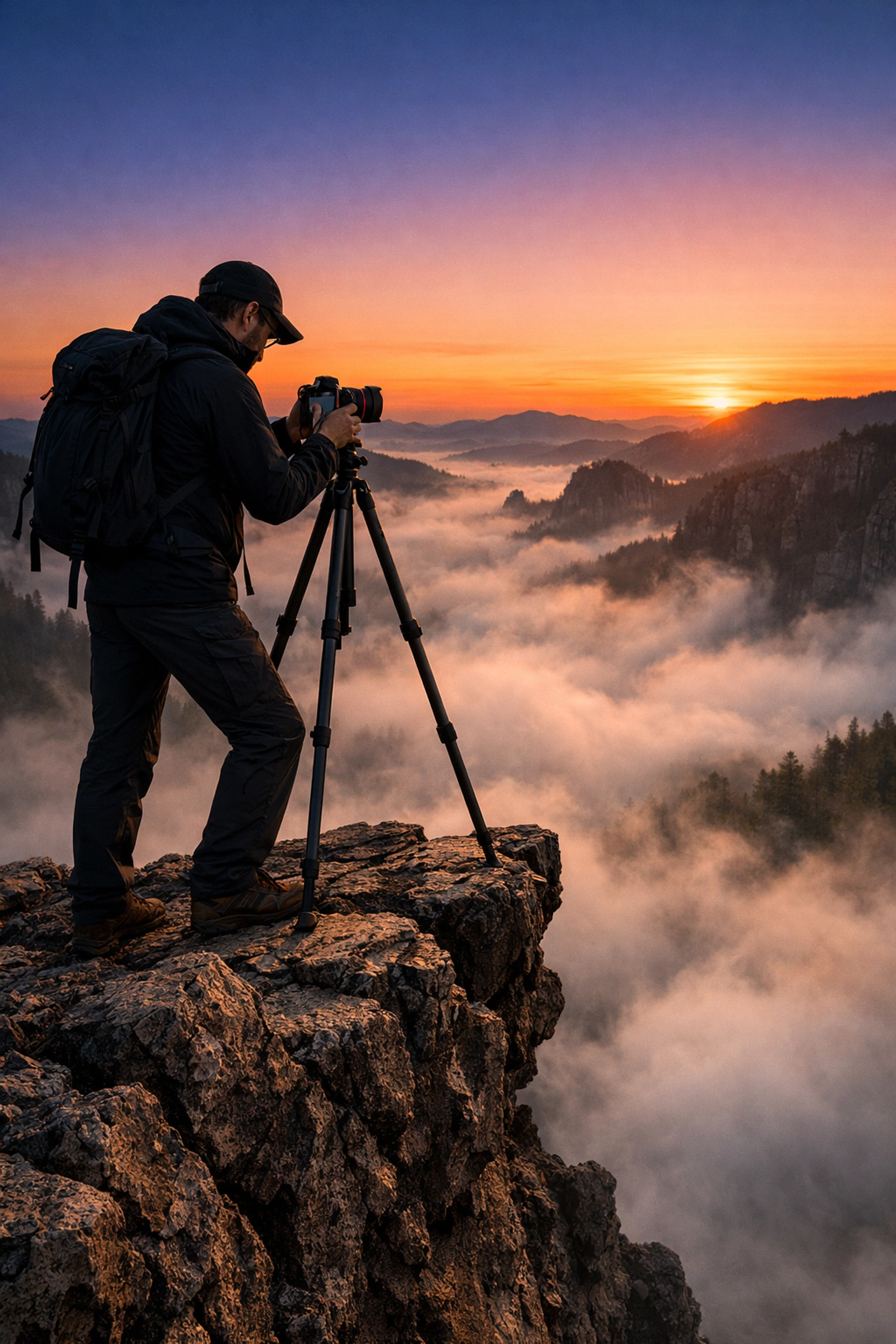 Professional photographer with a tripod at sunrise, applying 2026 pro gear secrets in the field.