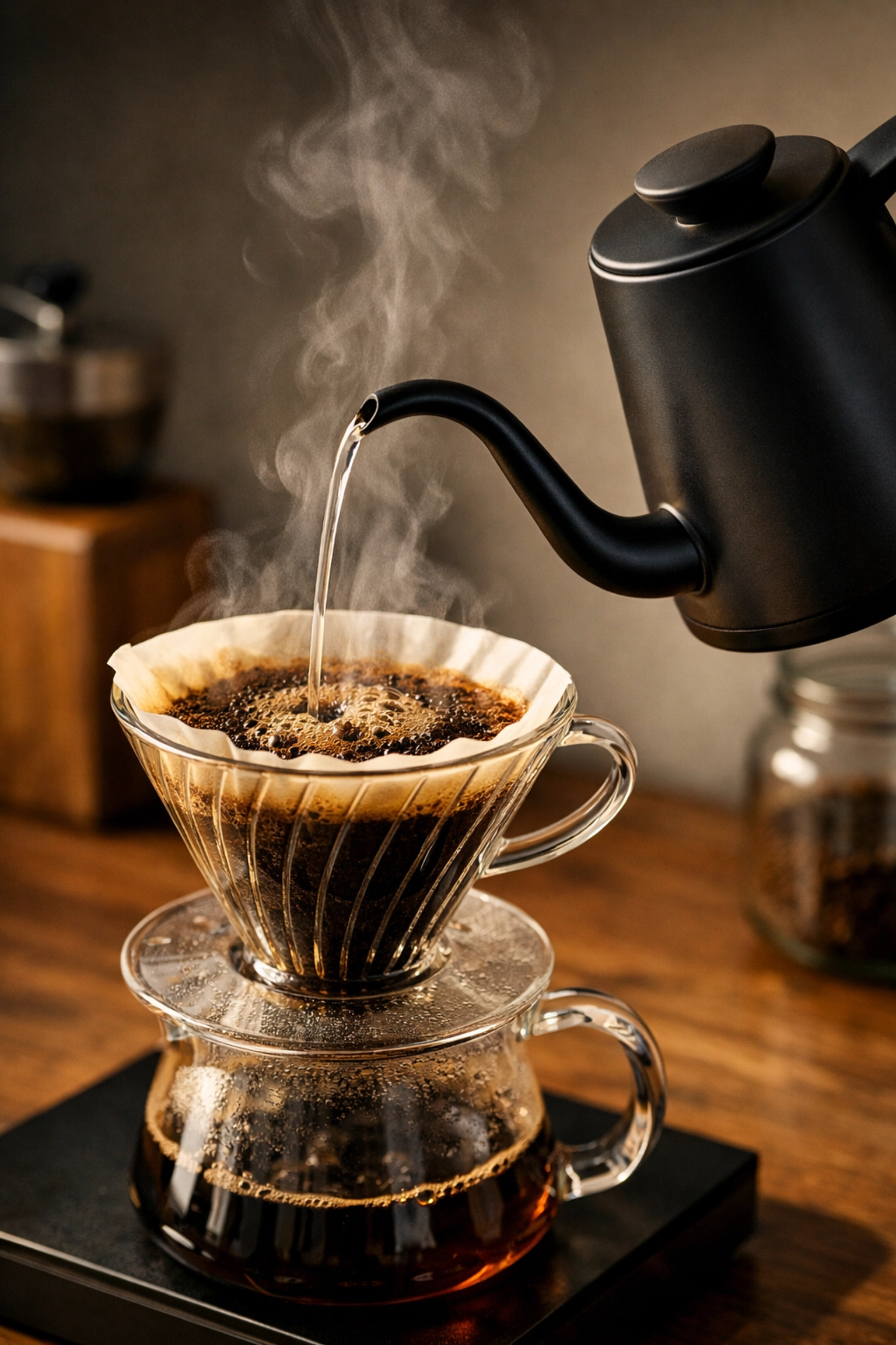 Precision pouring from a gooseneck kettle into a glass V60 dripper for the perfect home pour over coffee.