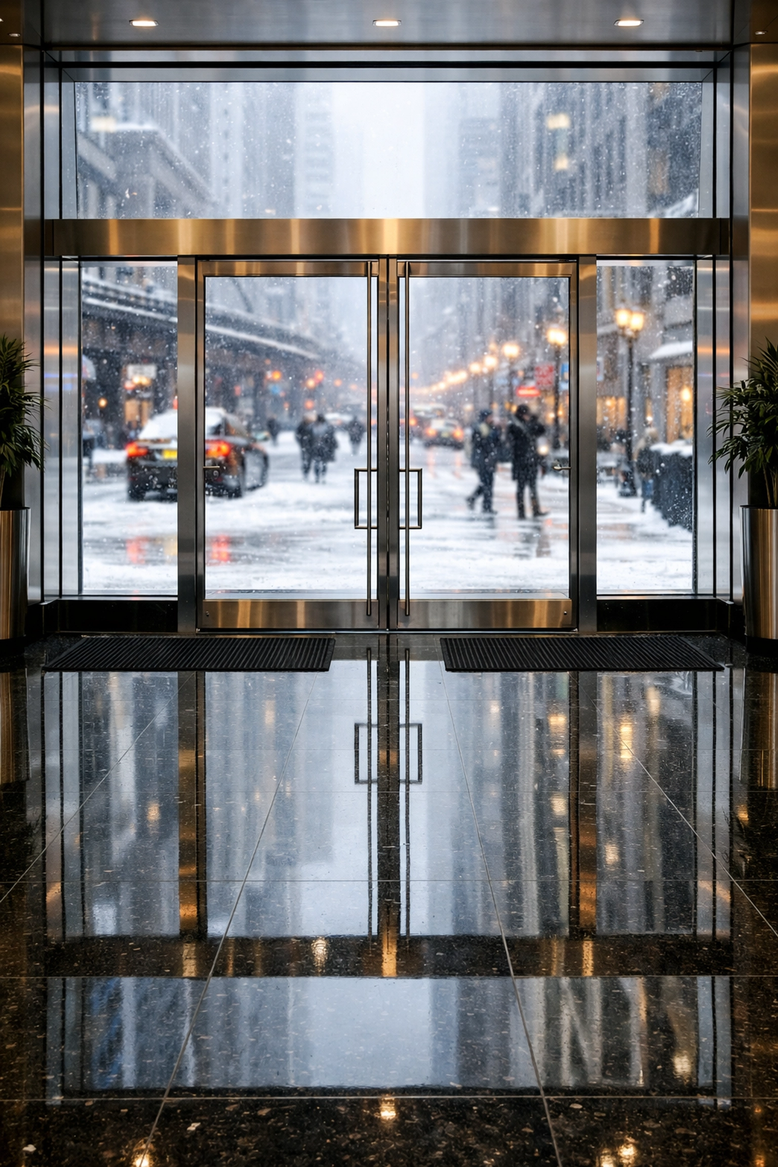 Clean granite lobby floors in a Chicago commercial building during winter showing effective salt maintenance.