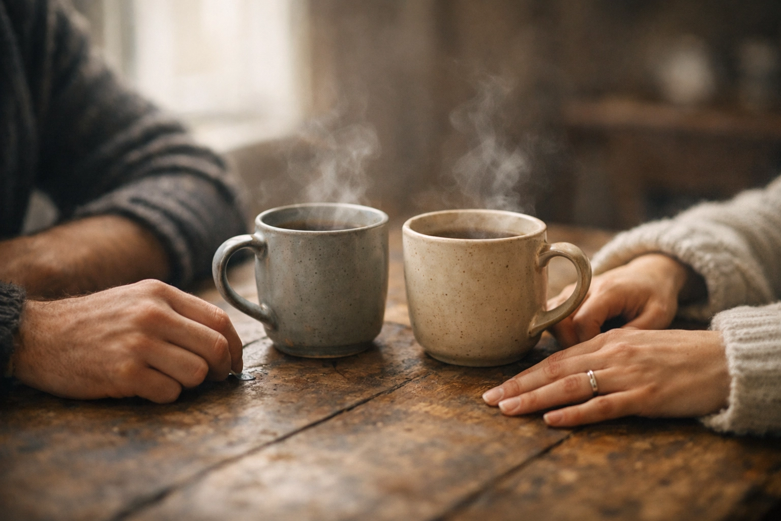 Pár bensőséges beszélgetése az asztalnál, a valódi emberi kapcsolódás és intimitás keresése.