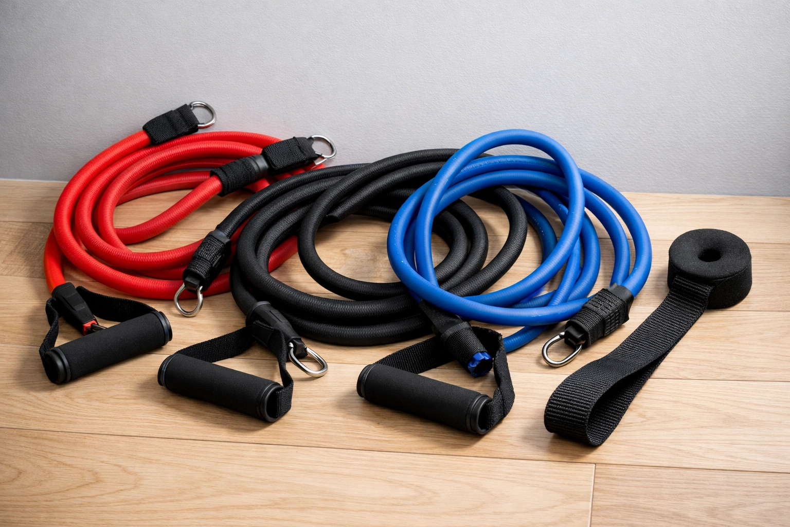 Resistance bands with door anchor for home gym pull-up training and bodyweight exercises