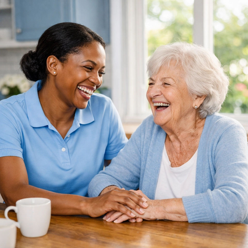 Caregiver and senior sharing a laugh, highlighting compassionate home care connection and companionship.