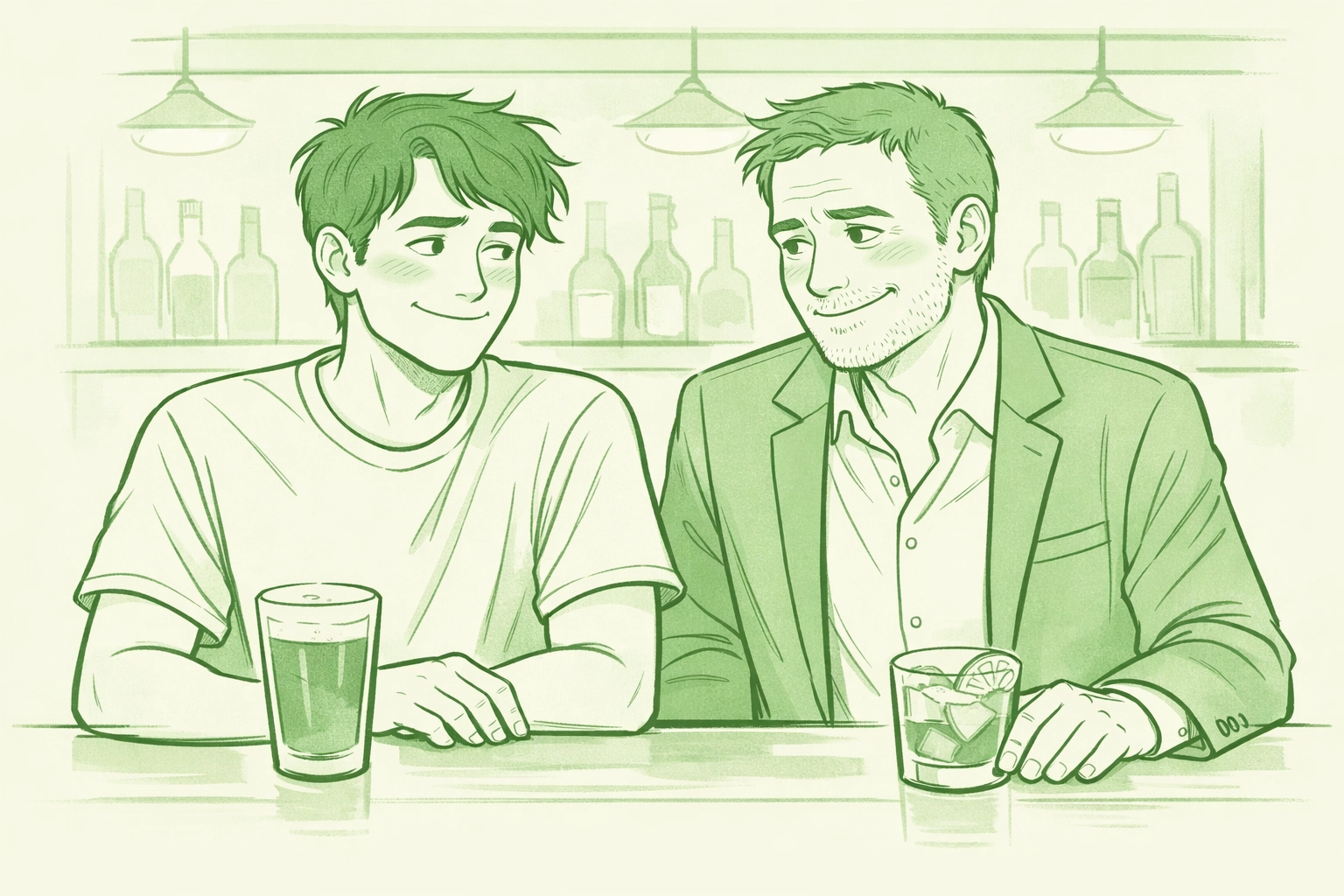 Gay father and adult son share knowing look during humorous bar meeting