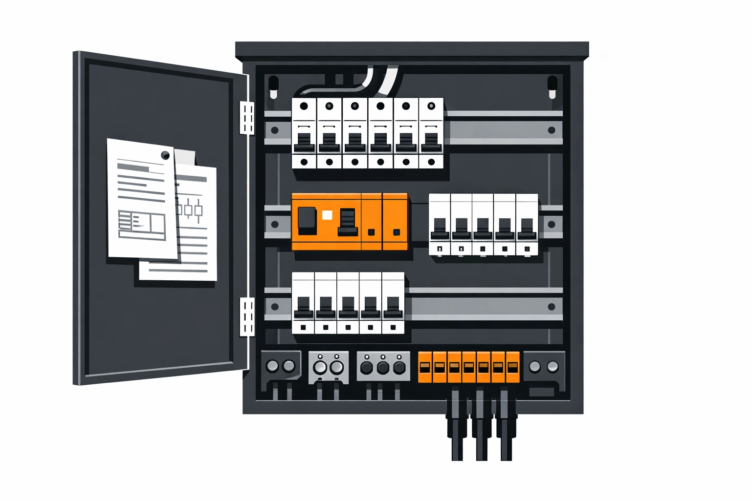 Illustration: Unterverteiler/Sicherungskasten – FI-Schutzschalter technisch hervorgehoben (Elektro-Zentrum CI, Akzent-Orange)