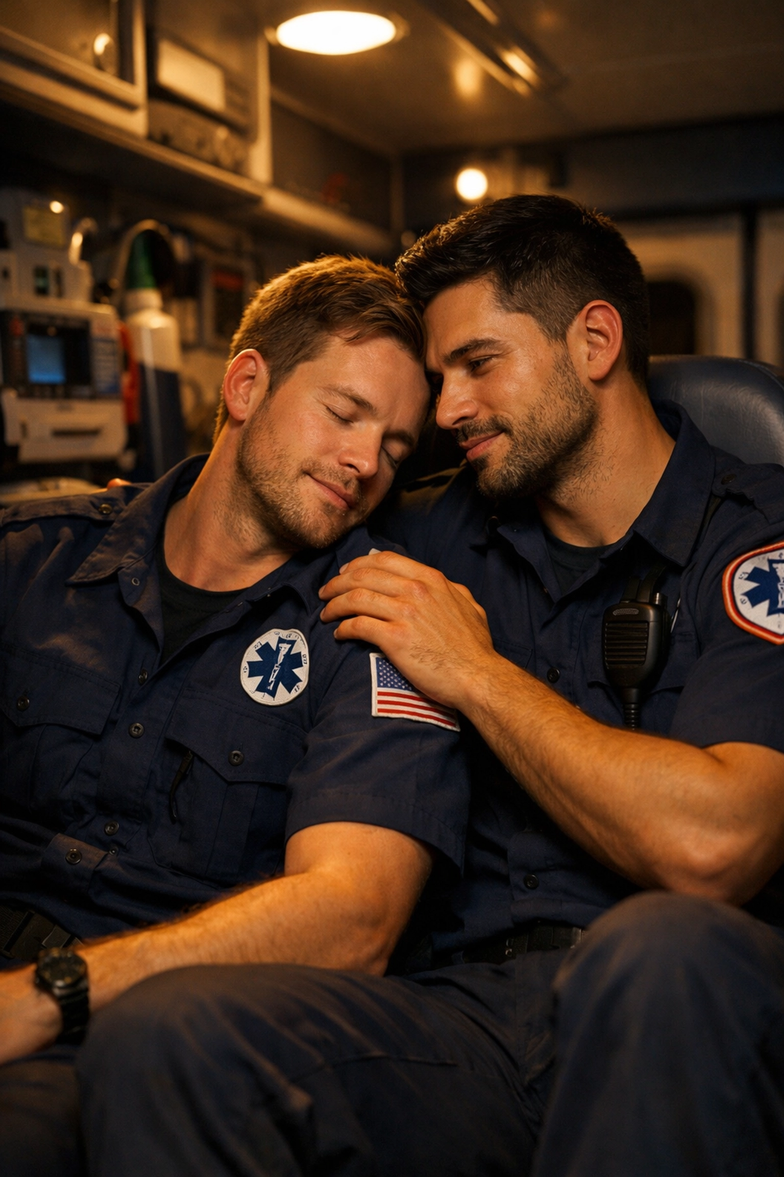 Gay paramedic couple sharing intimate moment in ambulance illustrating MM romance forced proximity