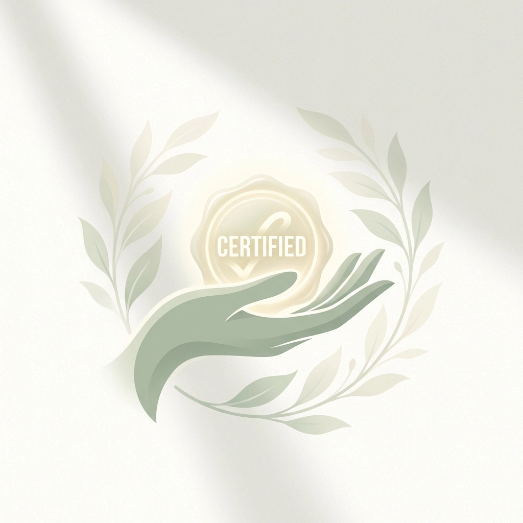 Illustration showing a gentle hand holding a glowing certification seal, symbolizing verified holistic practitioners and trust in wellness care.