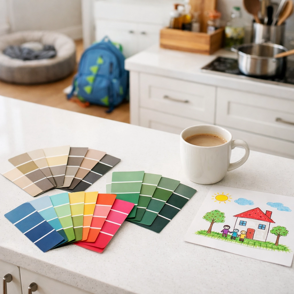 Paint swatches and colour selection for family kitchen decorating project