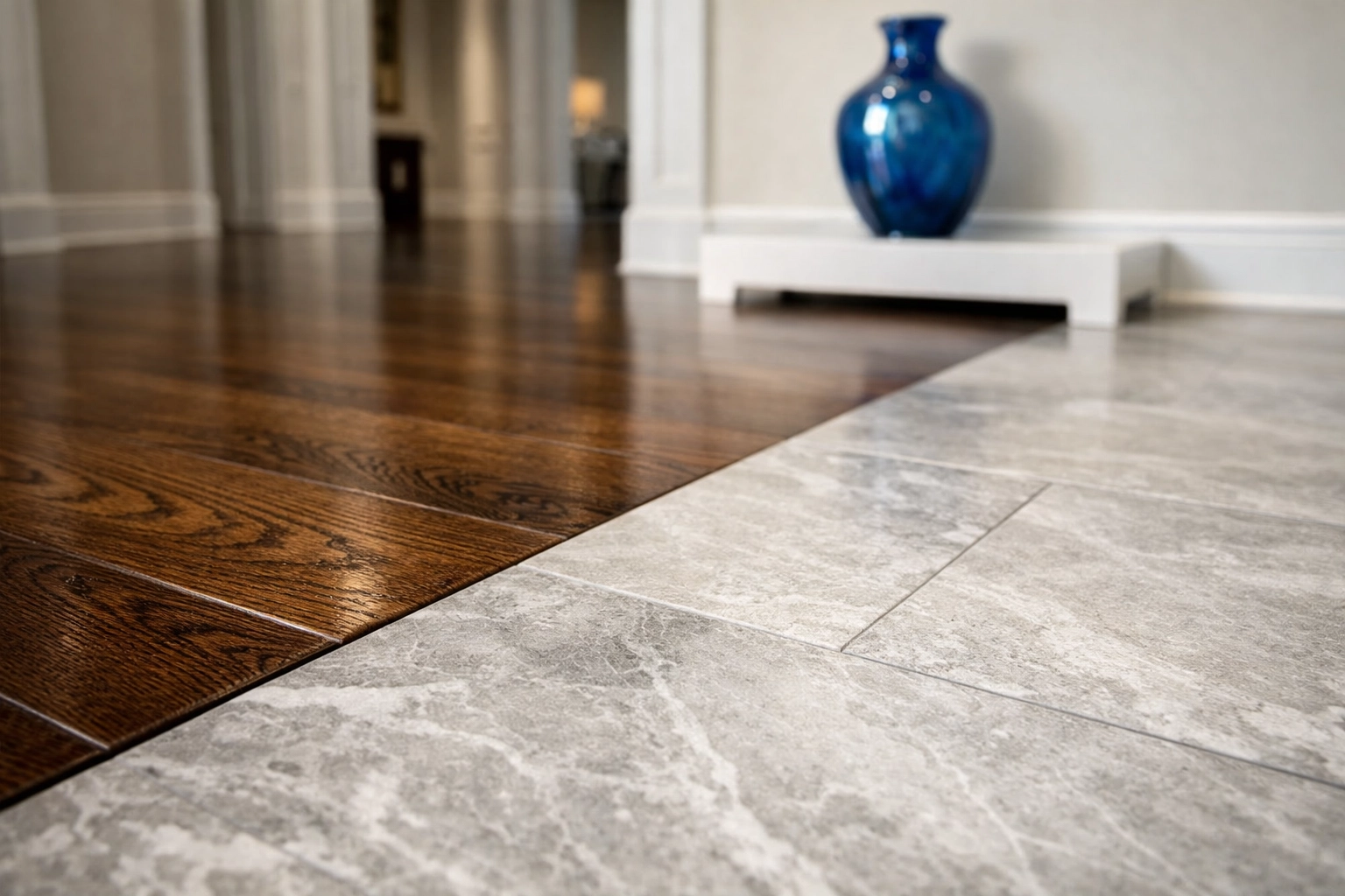 High-end hardwood and stone flooring in a Pepperell residence serviced by house cleaning Pepperell MA.