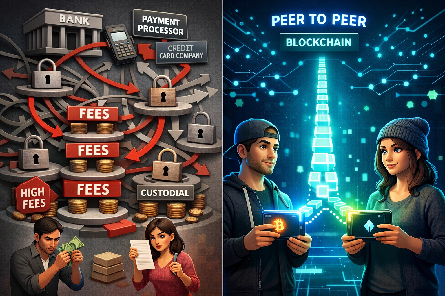 Comparison of traditional payment processors versus LareBlocks blockchain peer-to-peer architecture