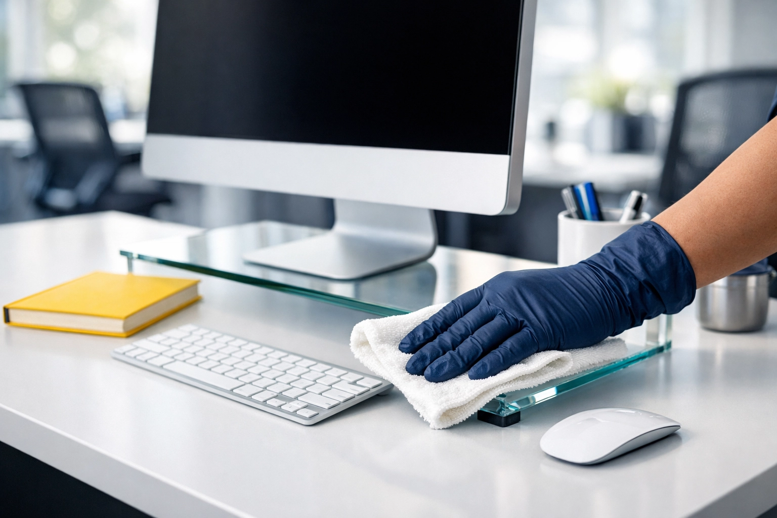 Professional cleaner sanitizing a modern workstation during an Office Cleaning Holliston service.