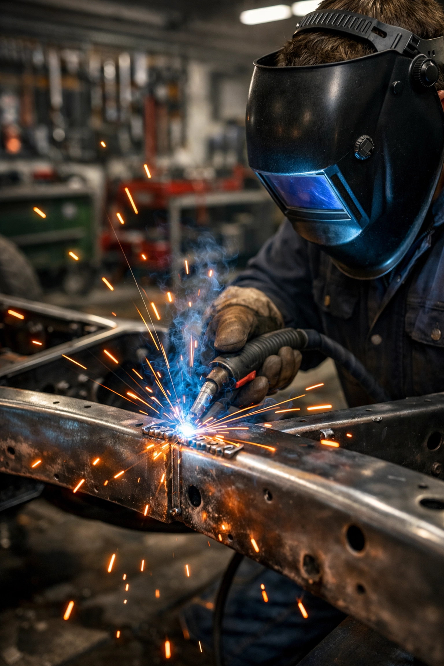 Professional technician welding a vintage car frame to ensure structural integrity and safety.