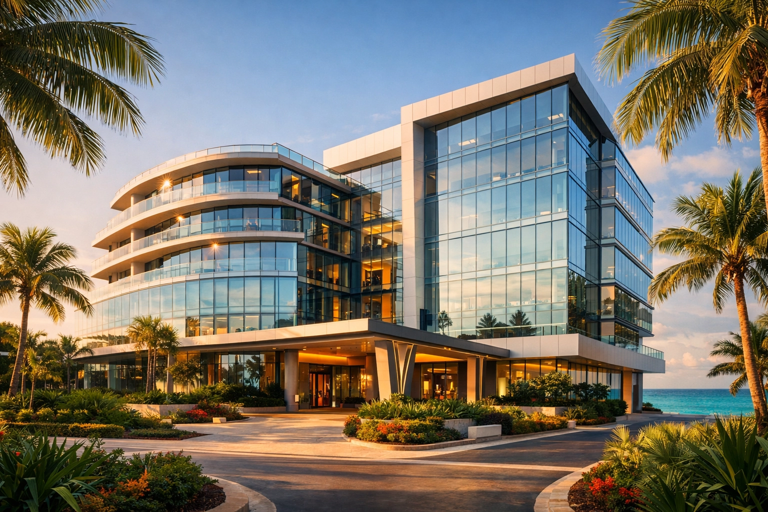 Exterior of a finished commercial building overlooking the coast, showcasing expert construction management.