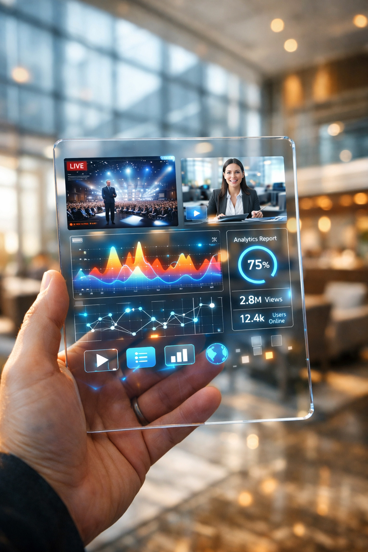 A high-tech tablet displaying speaker engagement analytics and a dynamic media kit for data-driven results.