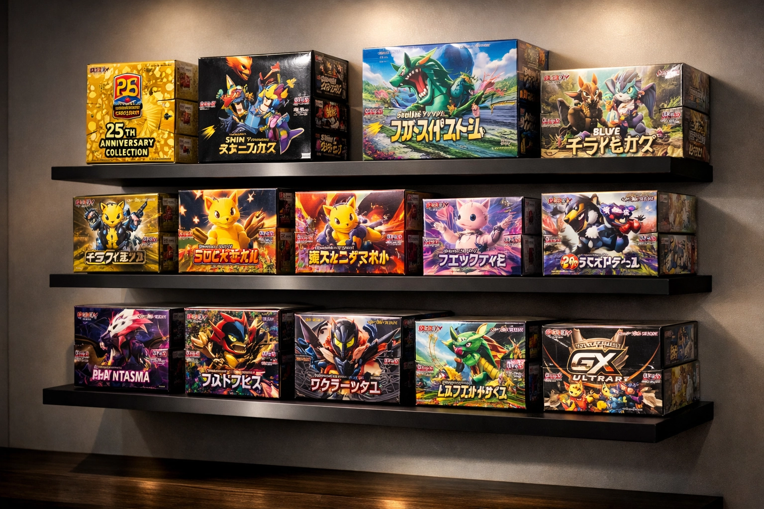 Collection of sealed Japanese Pokémon booster boxes organized on display shelves