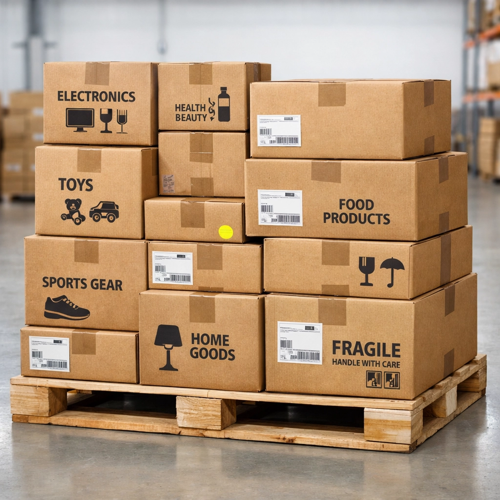 Vetted wholesale inventory boxes on a shipping pallet in an Amazon FBA supplier warehouse.
