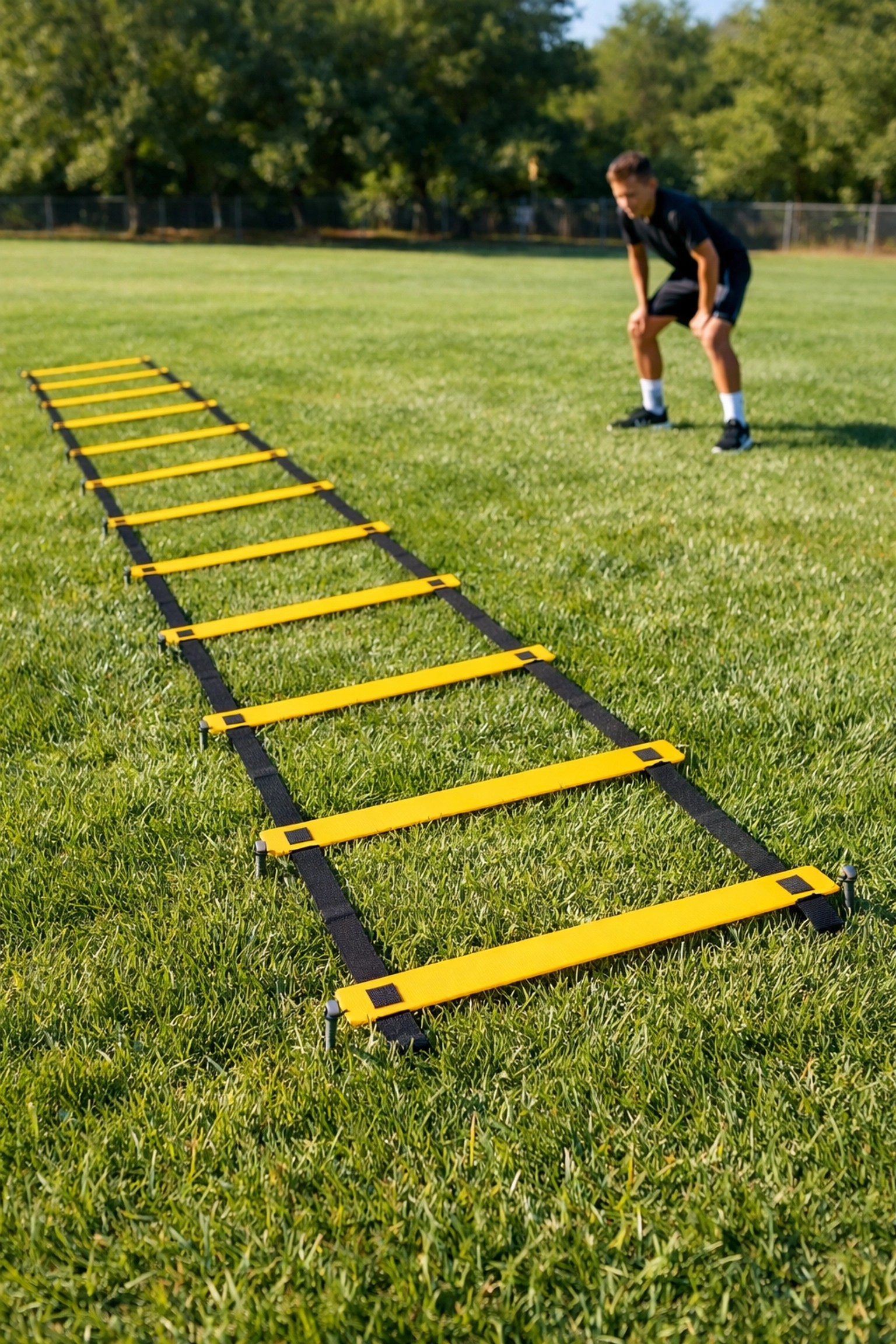 Agility ladder on grass for budget-friendly football coaching and speed training drills