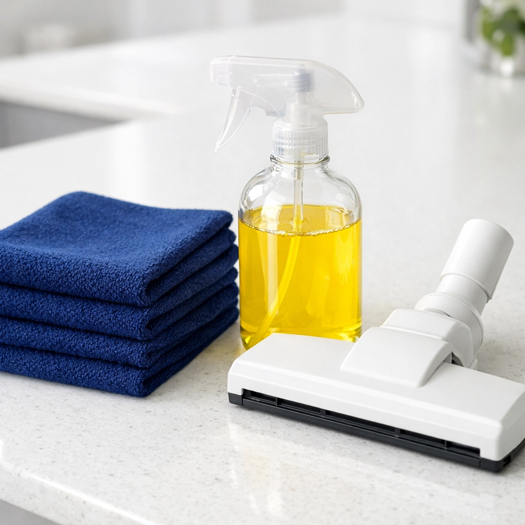 Professional tools used for eco-friendly house cleaning in Cambridge MA, featuring HEPA vacuums and citrus solutions.