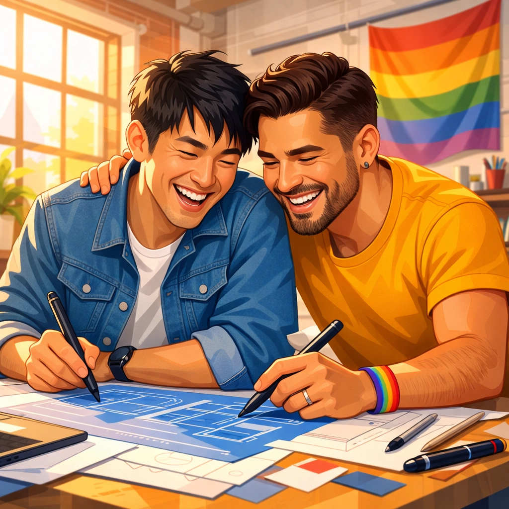 Two male colleagues laughing together while working in a design studio, representing joy in MM contemporary romance.