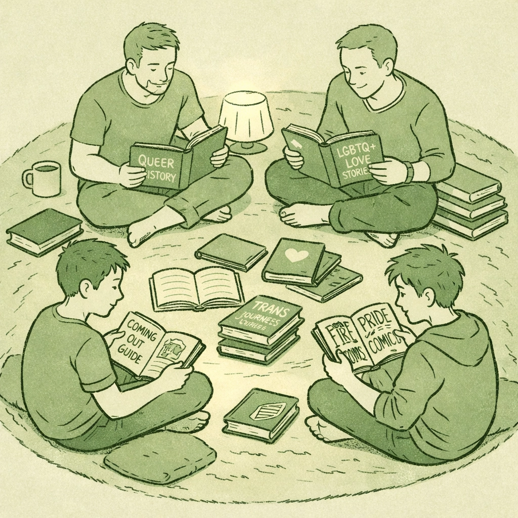 Gay family reading circle with two dads and sons sharing LGBTQ+ books together