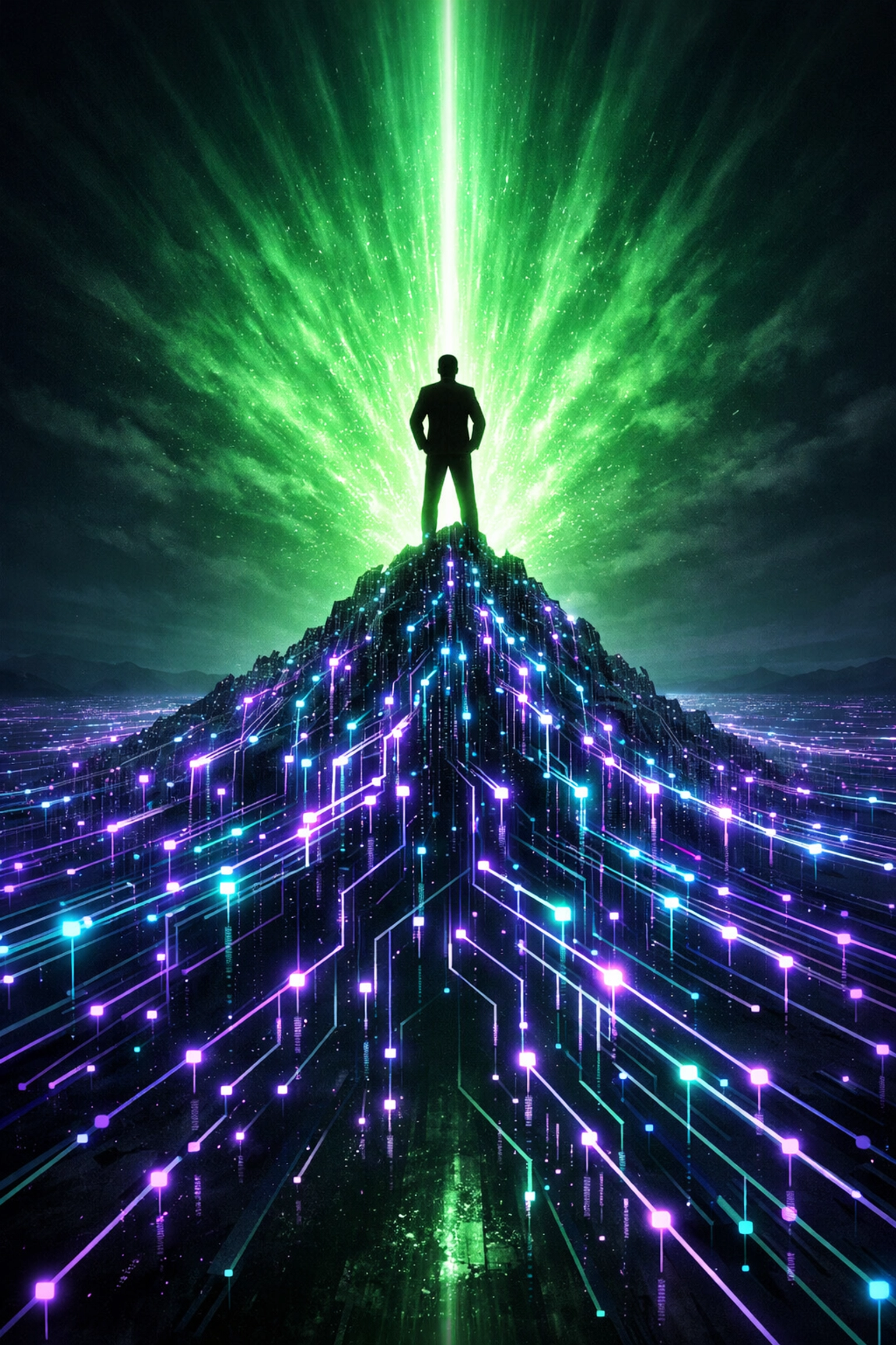 Professional silhouette atop a digital data mountain illustrating high ROI through intelligent automation solutions.