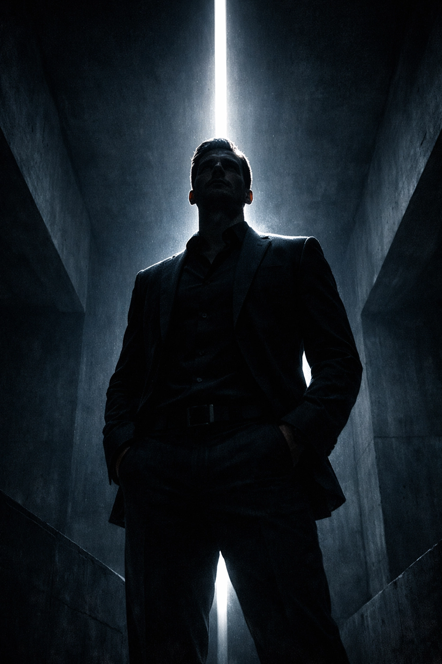 A man silhouetted in a dark space, embodying the high standard of optimized male health and performance.