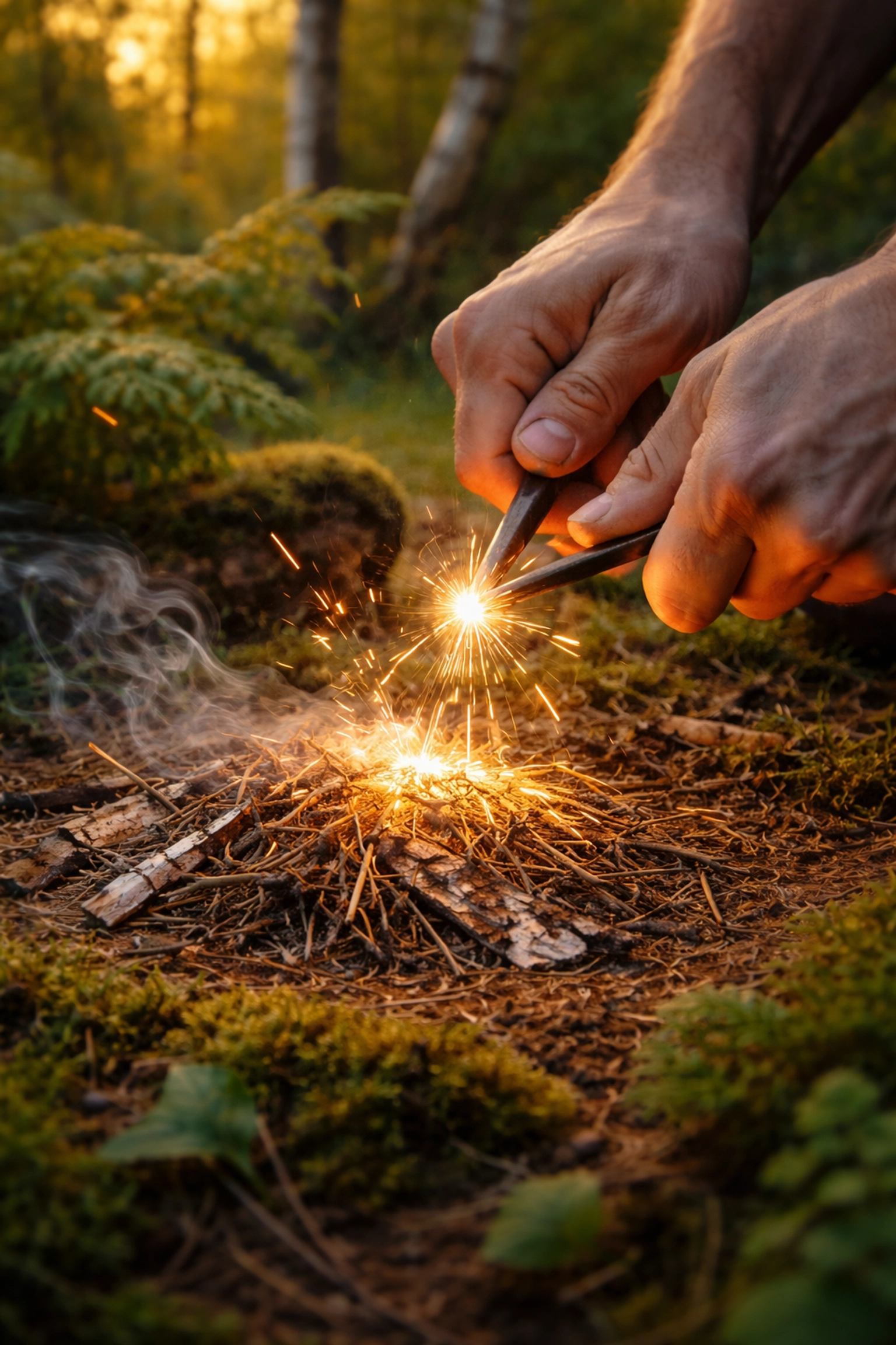 Hands striking ferrocerium rod to make a campfire in a lush UK woodland, vital for outdoor survival camping skills
