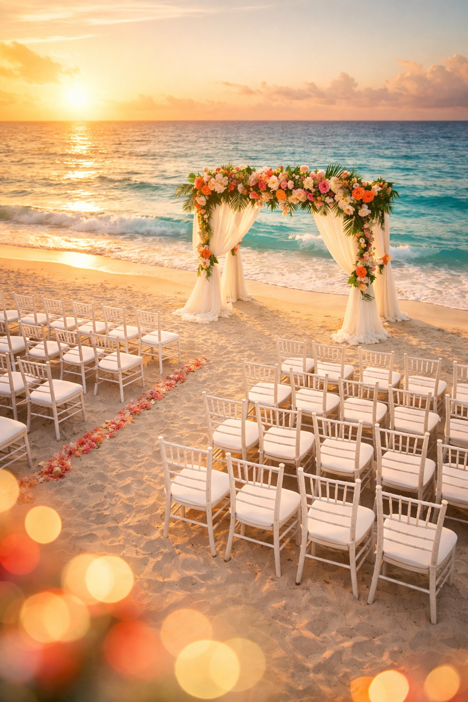 Beach destination wedding ceremony setup with floral arch and chairs on tropical sand