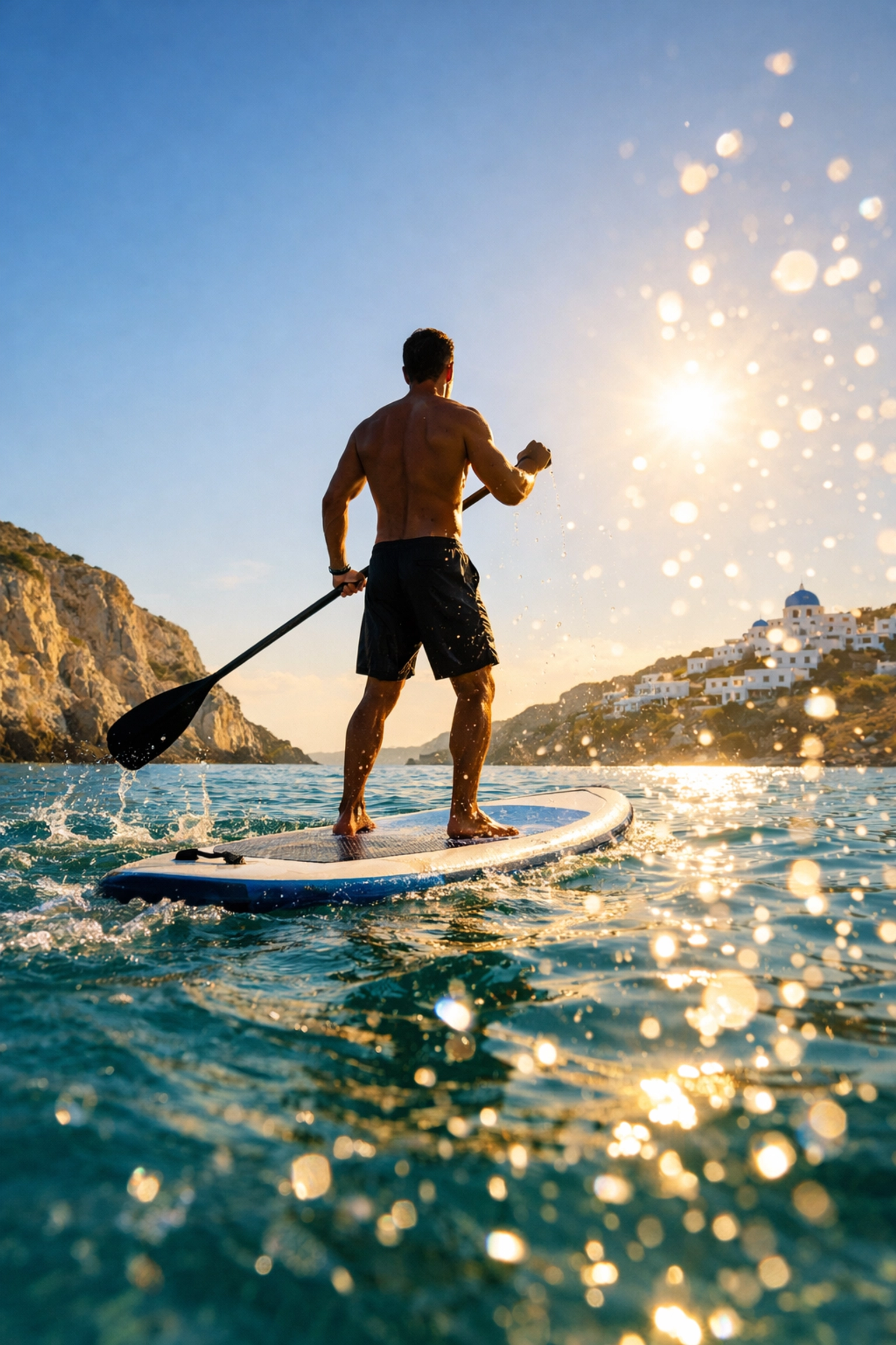 Man paddleboarding in crystal-clear Aegean waters at Elia Beach Mykonos