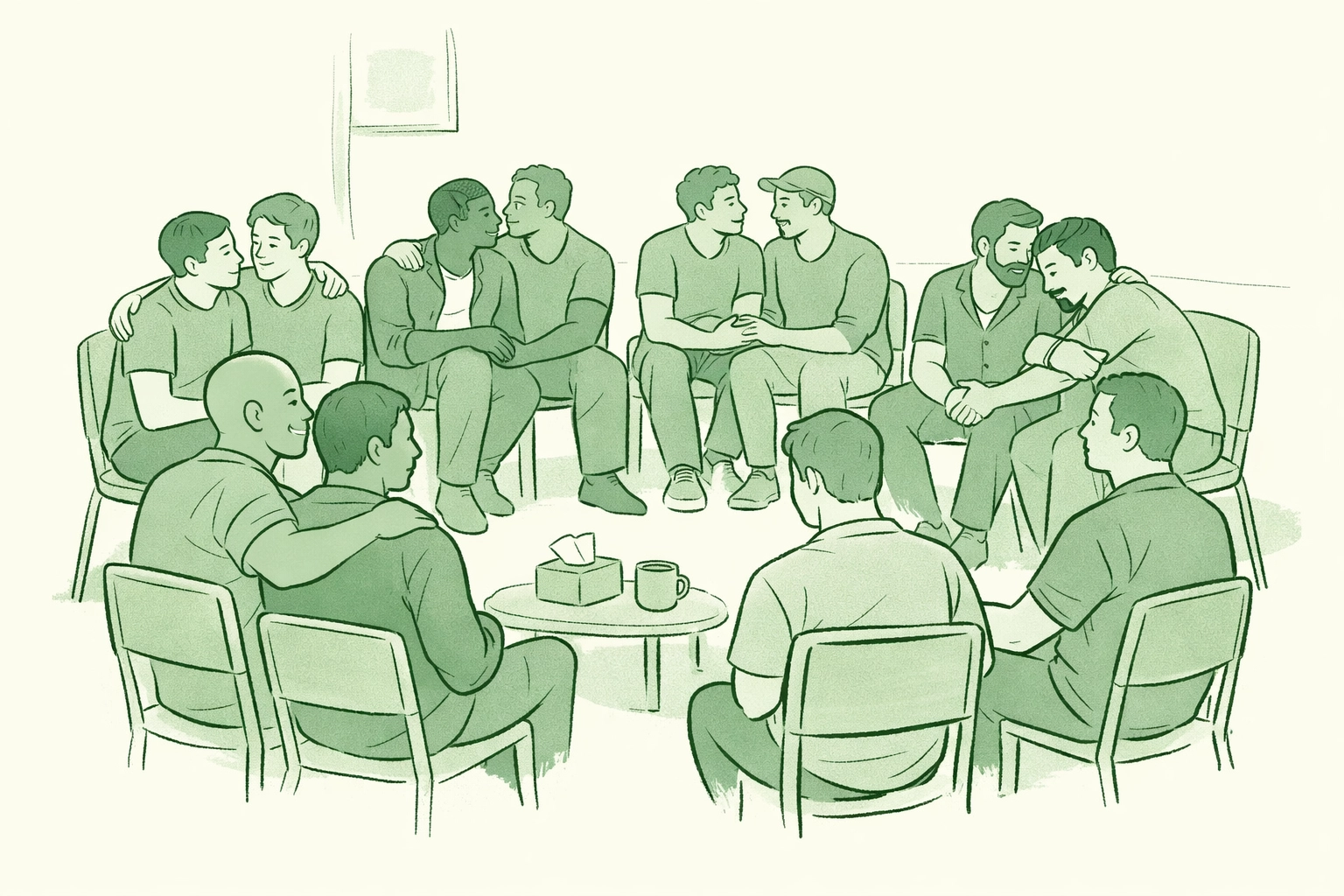 LGBTQ+ support group gathering showing chosen family and queer community resilience