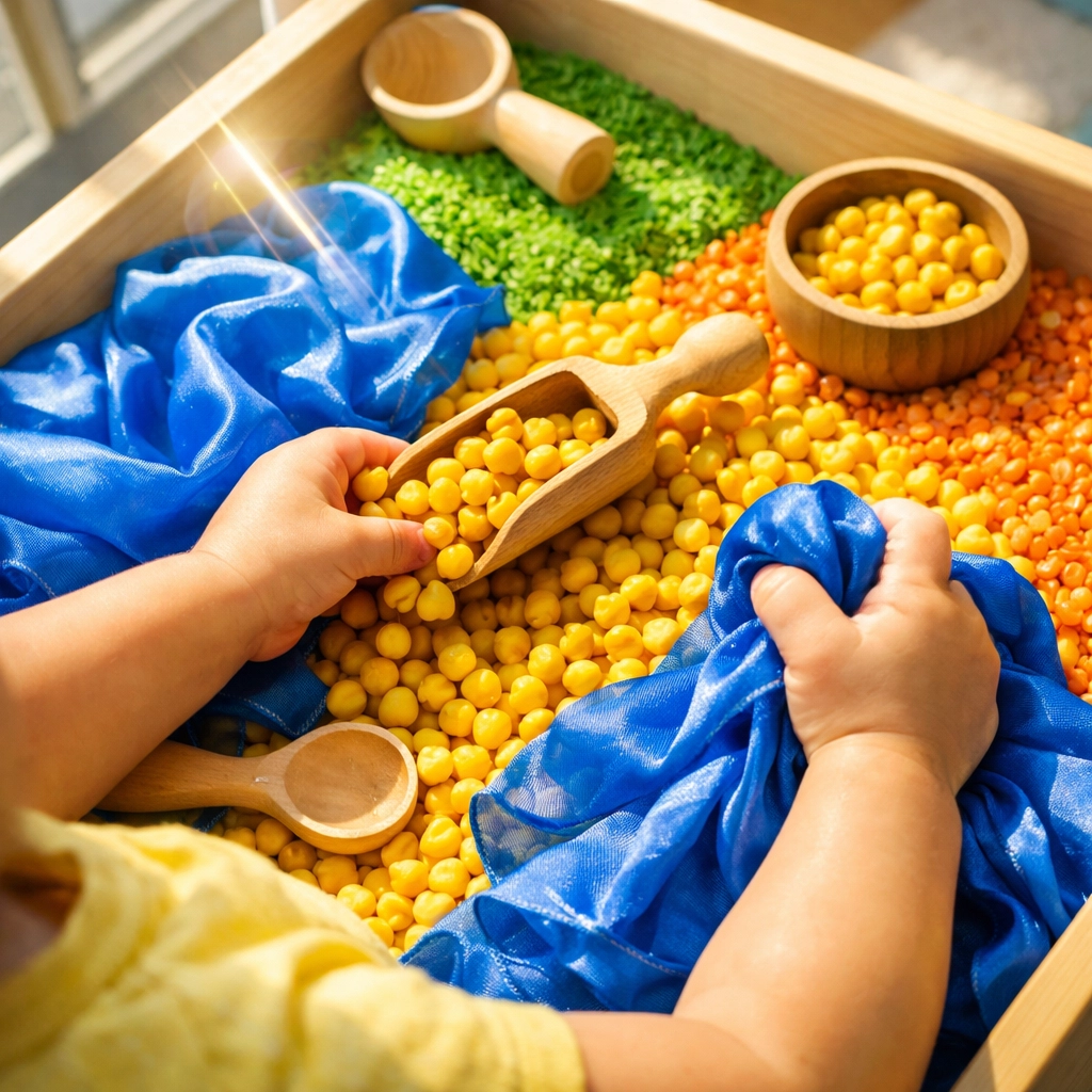 Toddler engaging in sensory play with colorful textures at a Prestons childcare centre