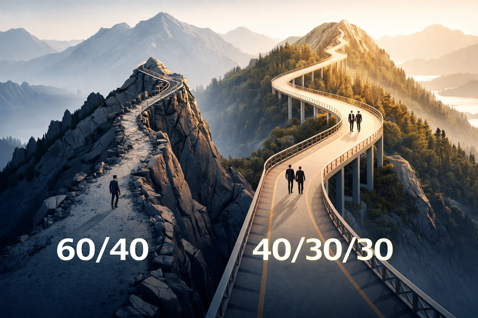 Visualization of two diverging investment paths comparing 60/40 and 40/30/30 portfolio strategies.