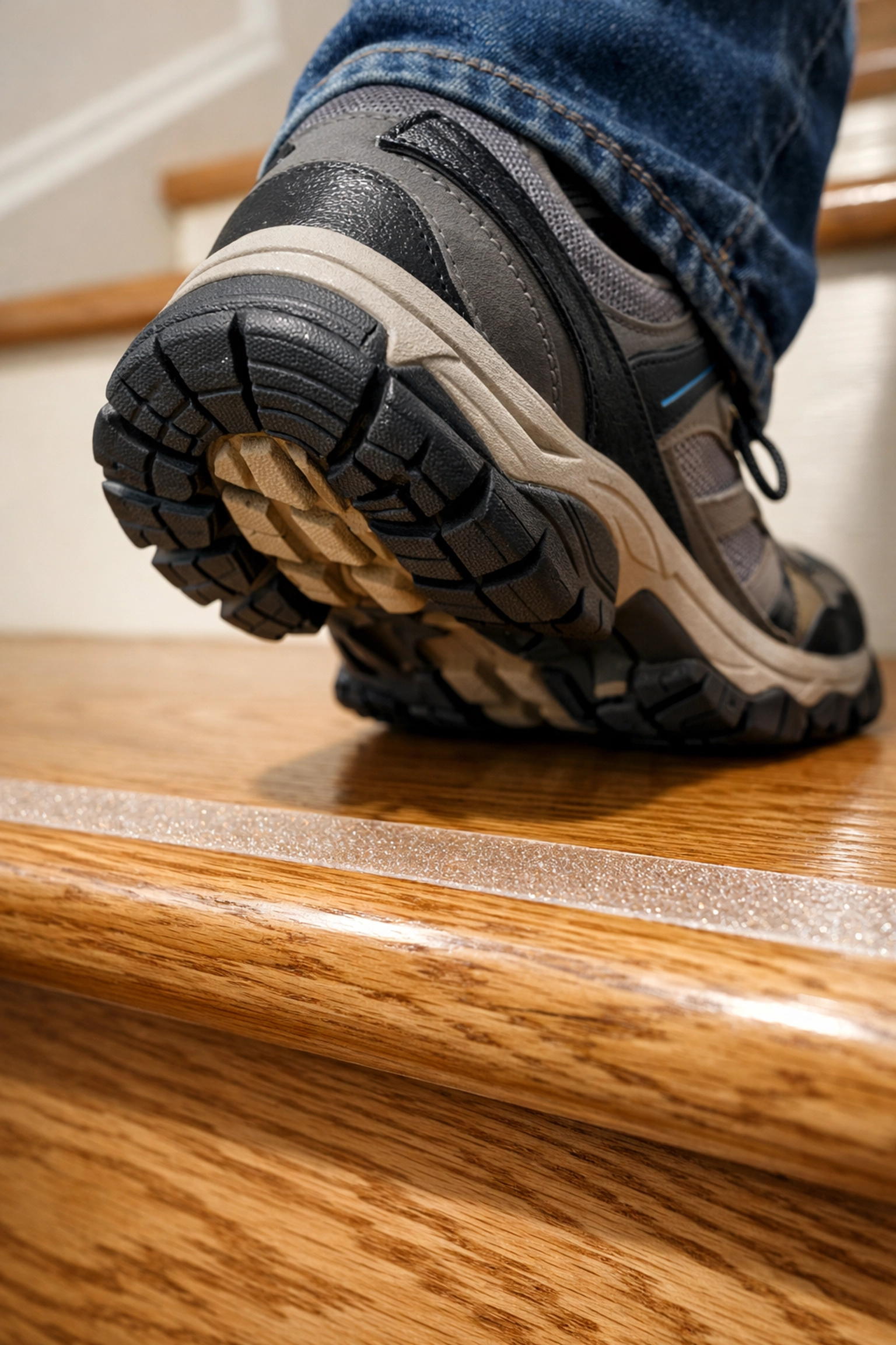 Person wearing non-slip shoes on wooden stairs with clear adhesive grip tape for extra traction.