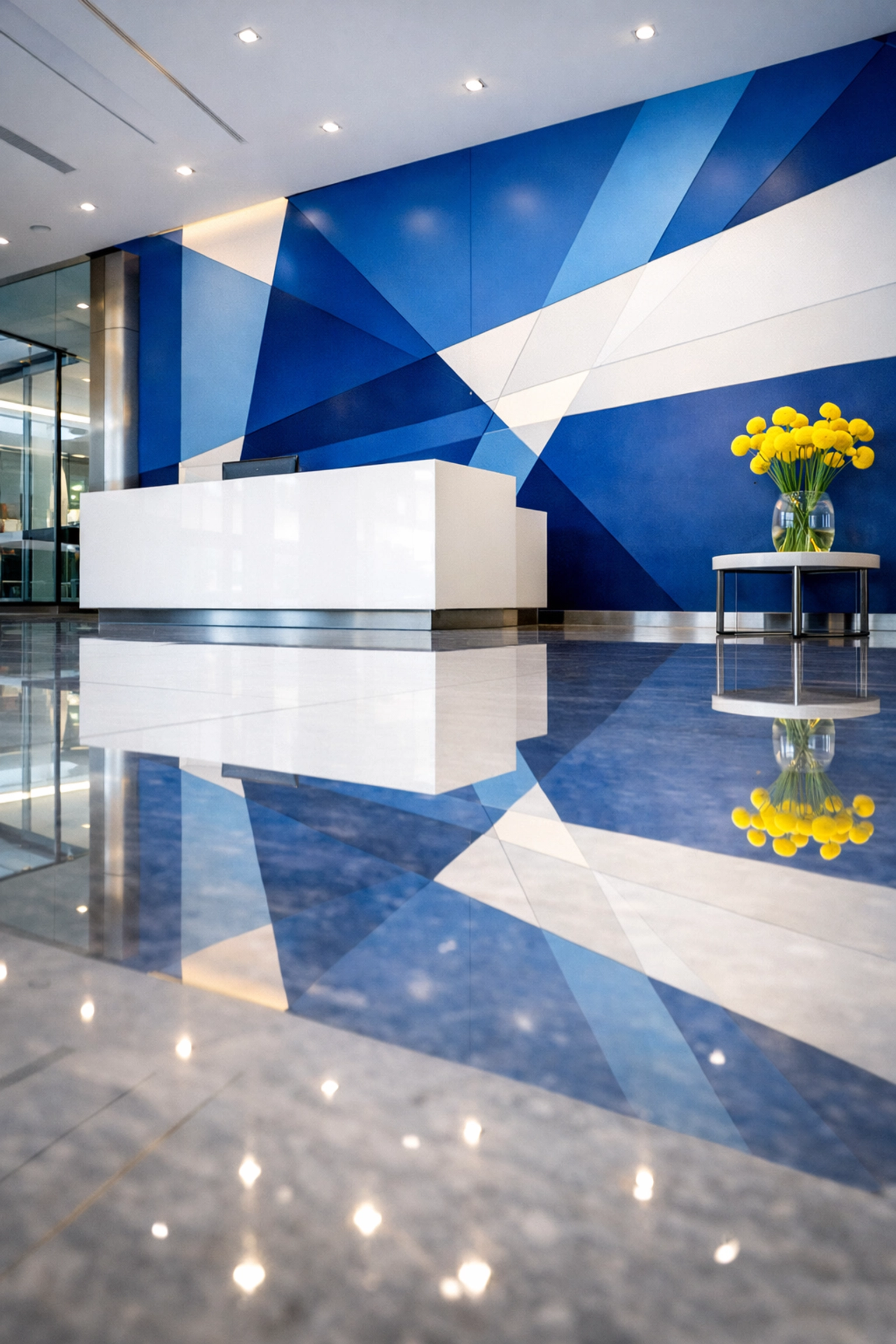 Clean corporate lobby with high-gloss marble floors reflecting expert commercial cleaning Cambridge MA services.