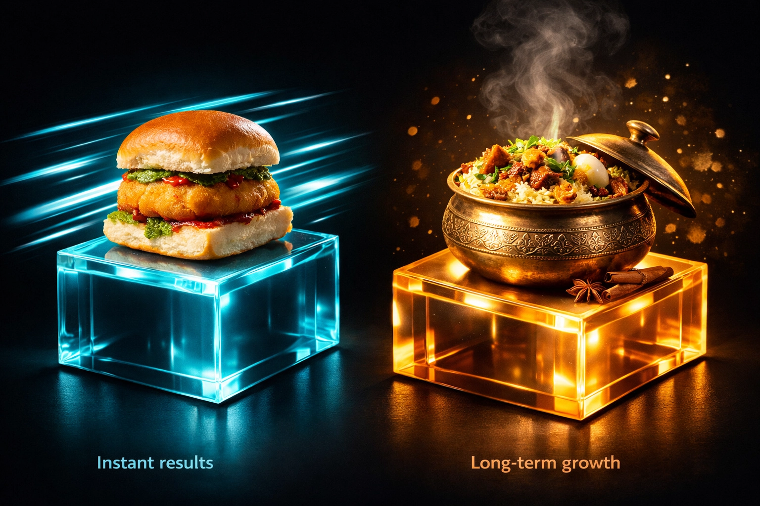 Comparison of performance marketing vs organic growth using the Vada Pav vs Biryani analogy for Mumbai SMEs.