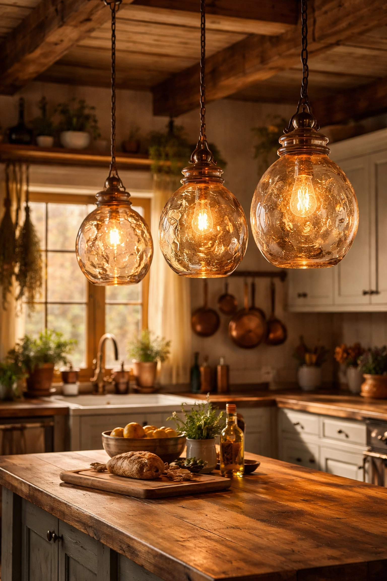 Rustic farmhouse kitchen with hand-blown glass pendant lights, perfect for artisanal home lighting décor.