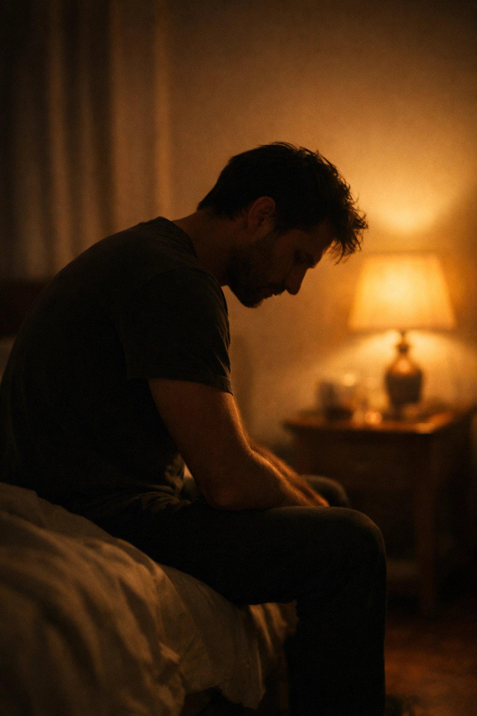 Ágy szélén ülő elgondolkodó férfi, a szexuális teljesítménykényszer és szorongás jelei.