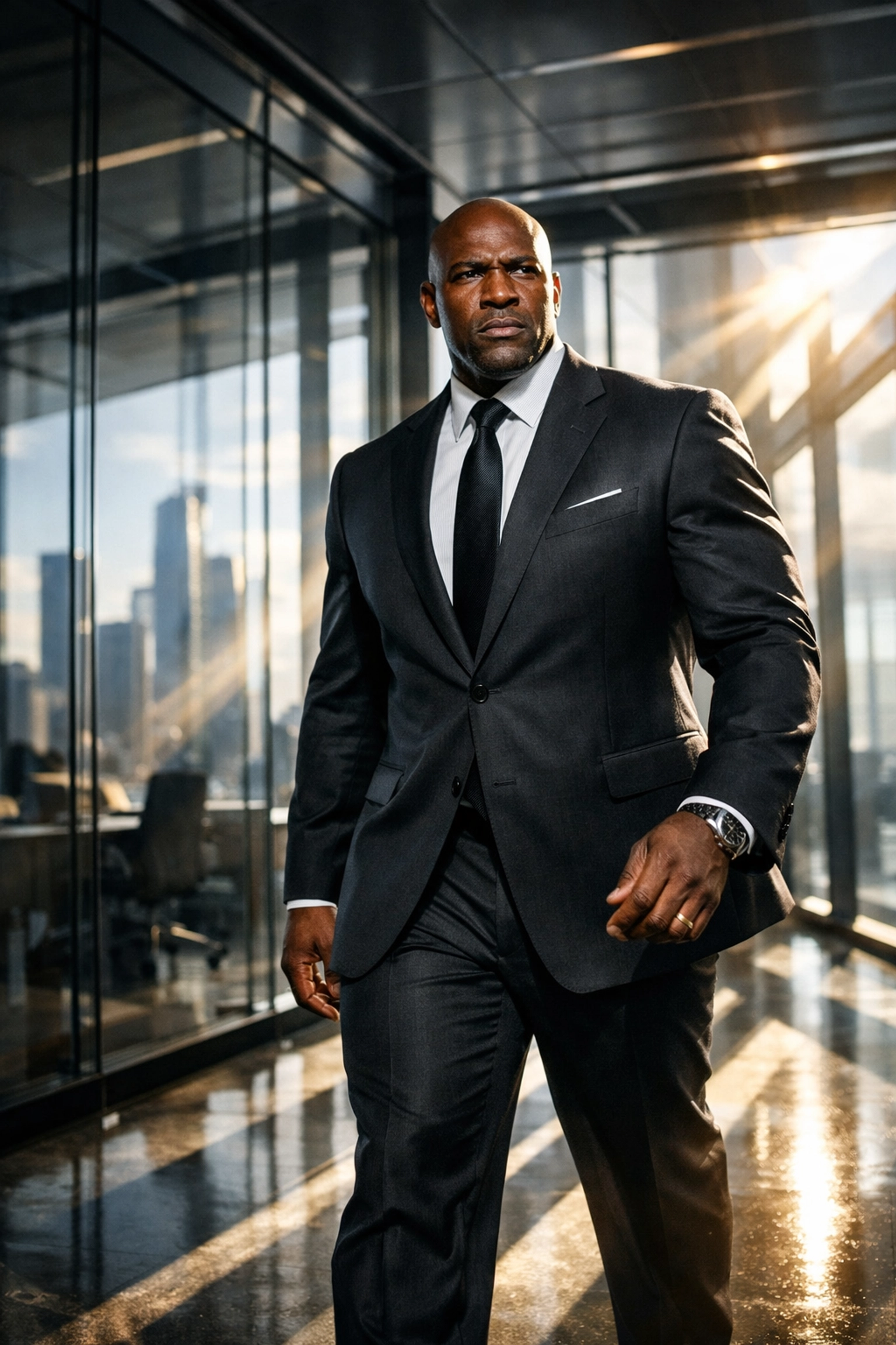 Former athlete in a suit enters modern office, showing career transition and life after sports