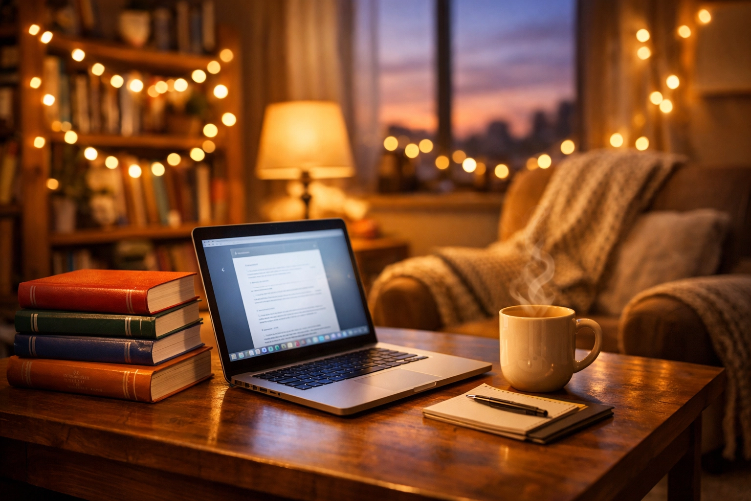 Comfortable digital classroom setup with a laptop for stress-free online GCSE and A Level revision.