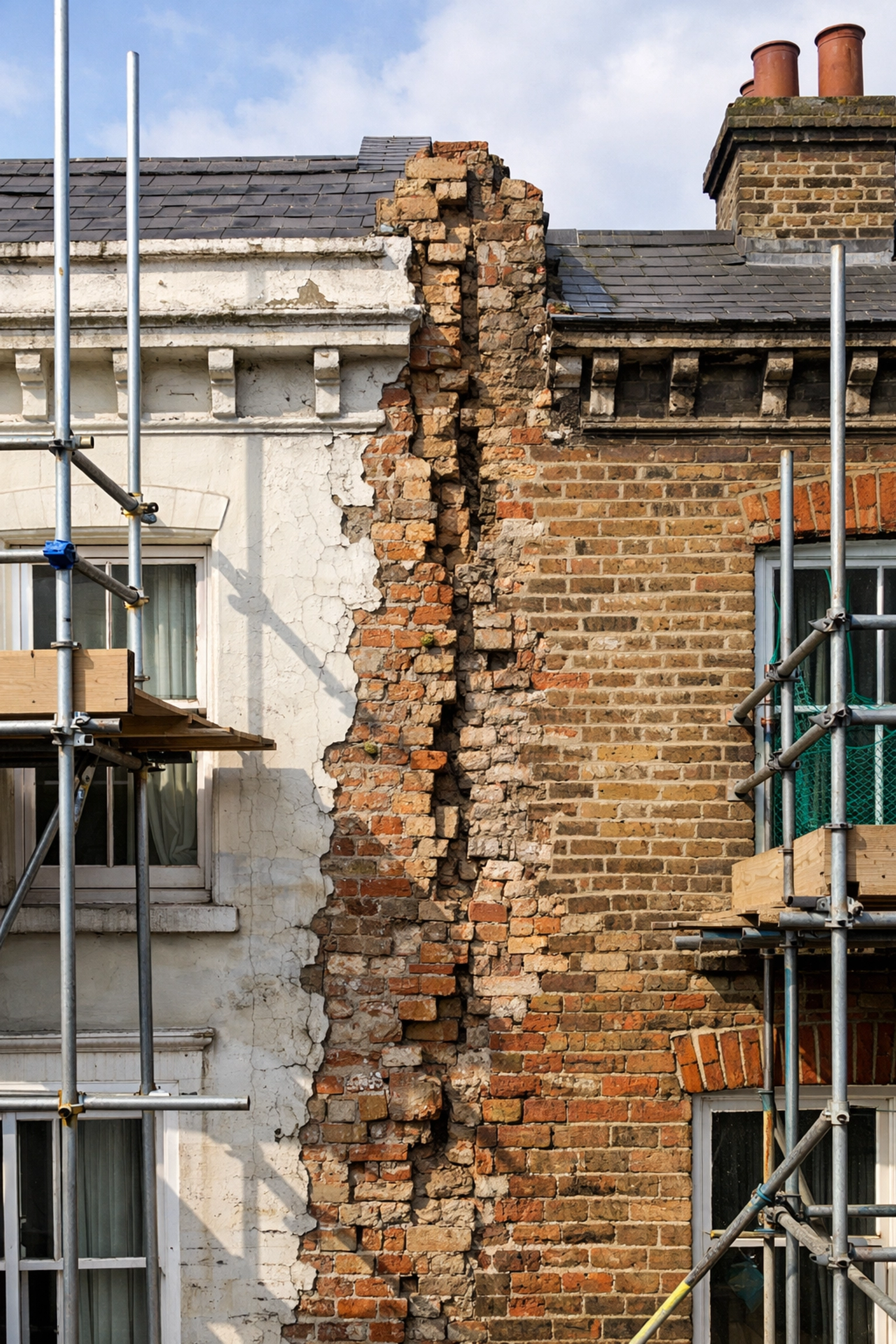 Victorian terraced house party wall exposed during London renovation with scaffolding