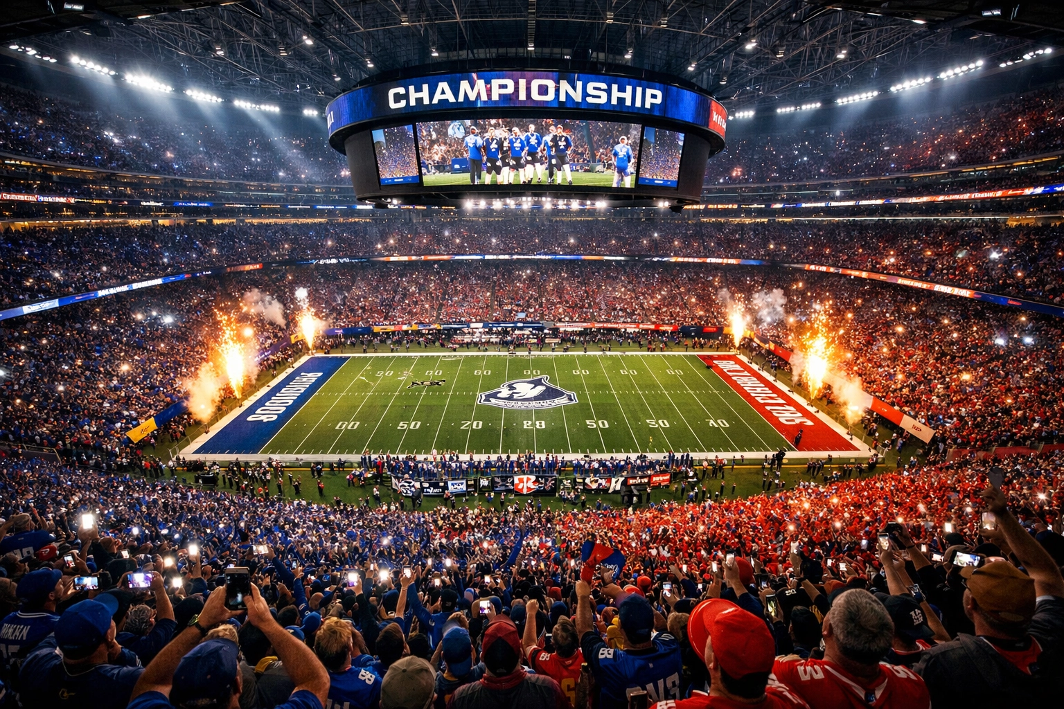A packed championship football stadium representing the massive reach and scale of Super Bowl marketing campaigns.