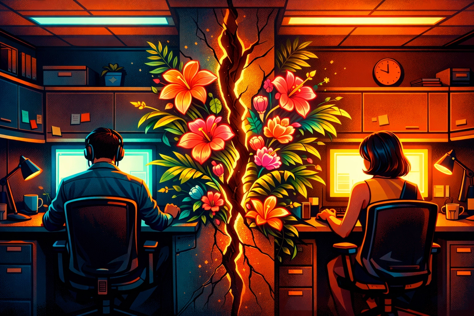 Neon tropical vines growing between office cubicles, representing a secret workplace romance hidden from coworkers.