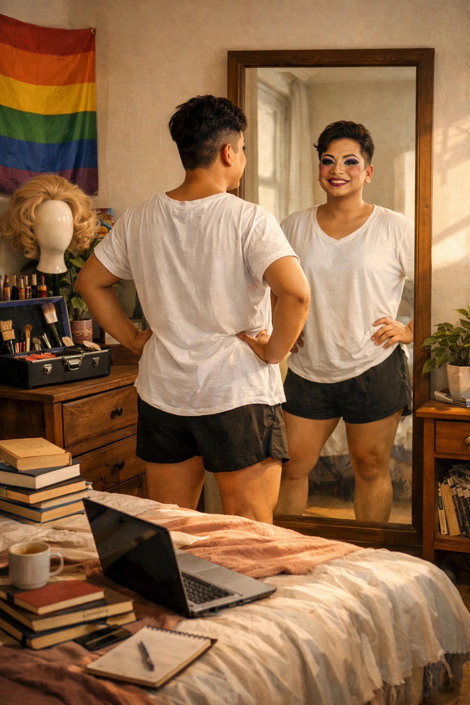 Drag performer at home blending everyday life with drag culture elements showing authentic self-expression