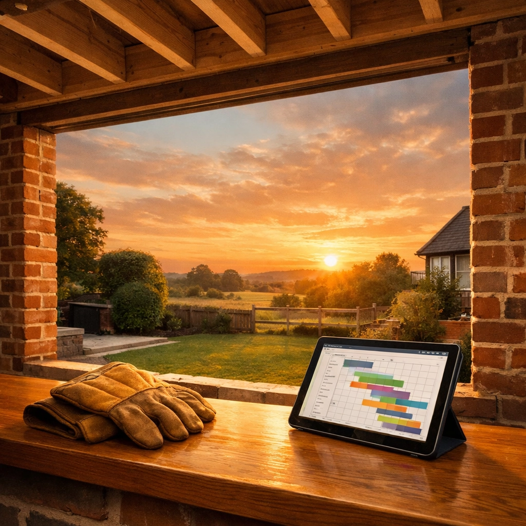 Progress of a West Sussex house extension project showing brickwork and a digital project schedule tablet.