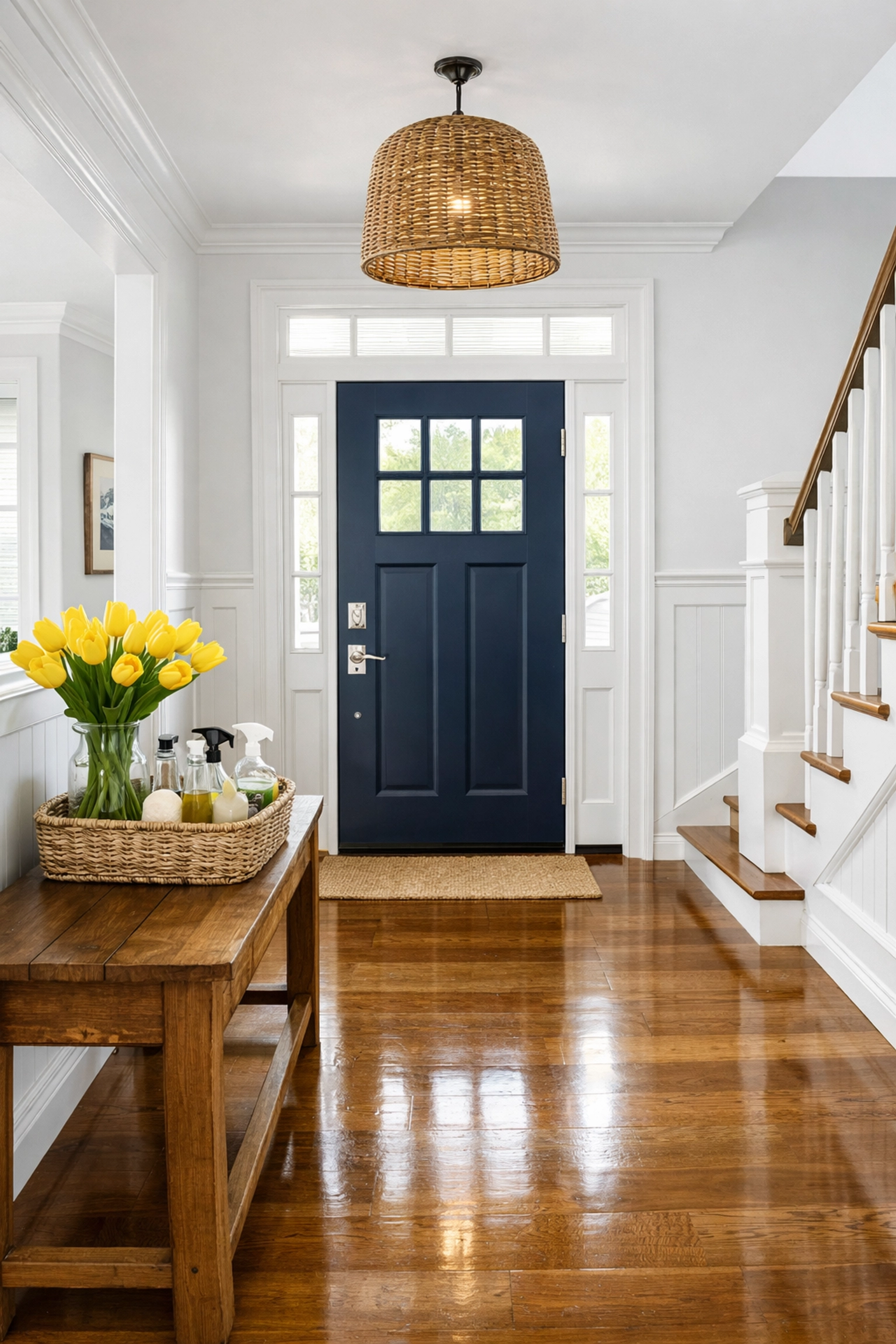 Polished hardwood entryway featuring eco-friendly cleaning supplies in a Massachusetts coastal home.