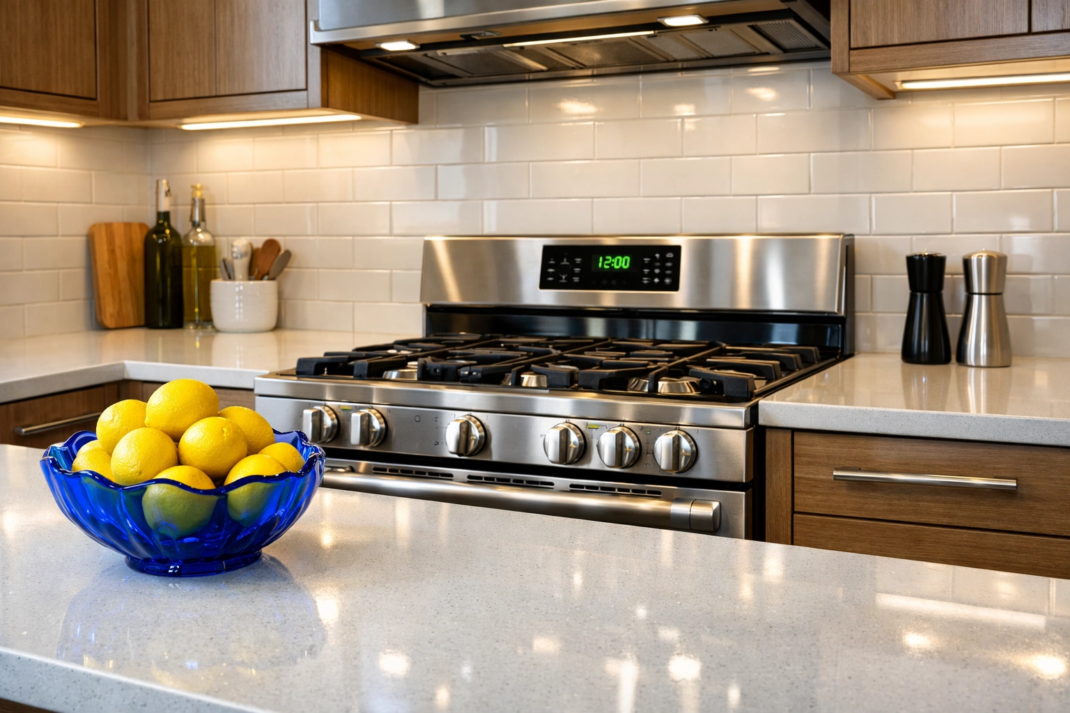Sanitized apartment kitchen in Leominster with sparkling white quartz countertops and clean stove.