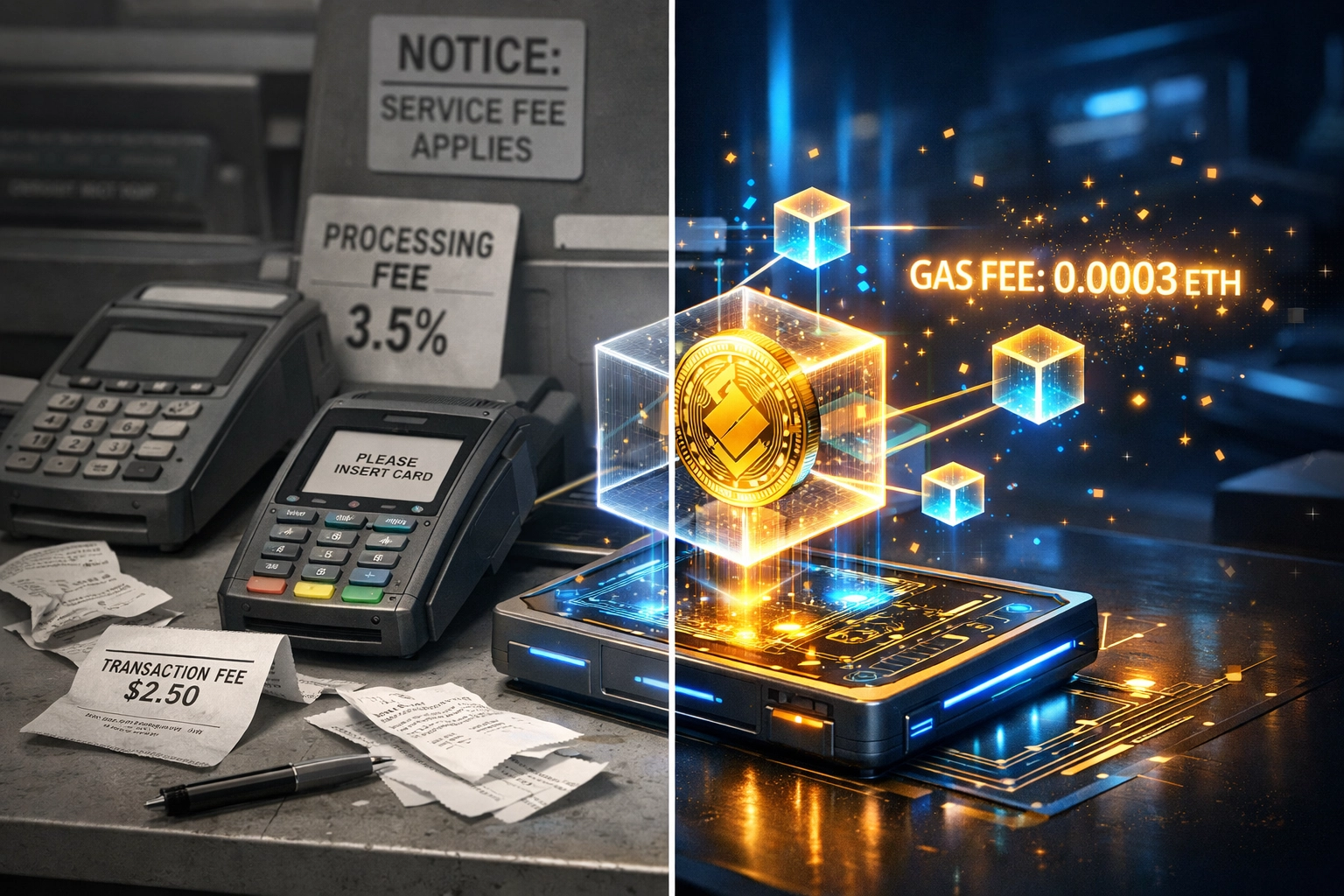 Comparison of traditional payment fees versus Larecoin blockchain low-cost transactions