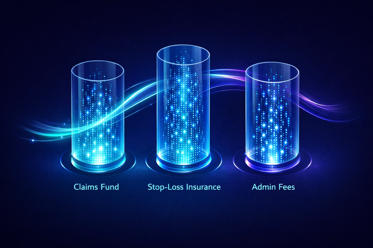 Three pillars showing level-funded health plan components: claims fund, stop-loss insurance, and admin fees